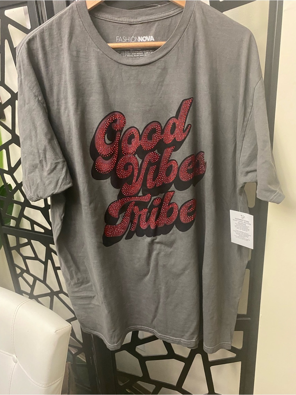 Fashion Nova Gray Short Sleeve Tee with Red Glitter "Good Vibe Tribe" Graphic